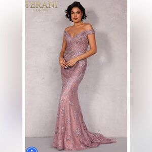 Beautiful Terani dress. Size 8. I'm 5'2, 116 pounds. Color is dusty rose.